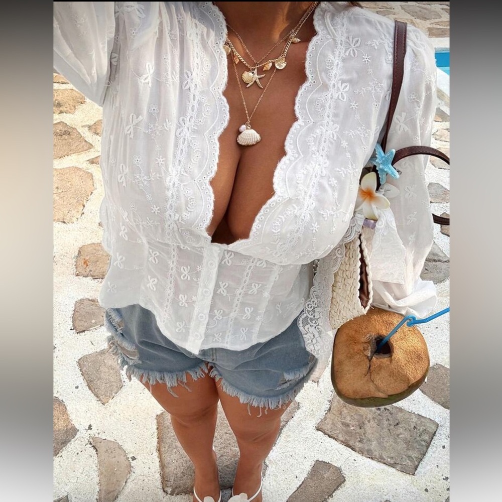 Boho Plus Size White Embroidered Deep Neck Top Blouse Shirt